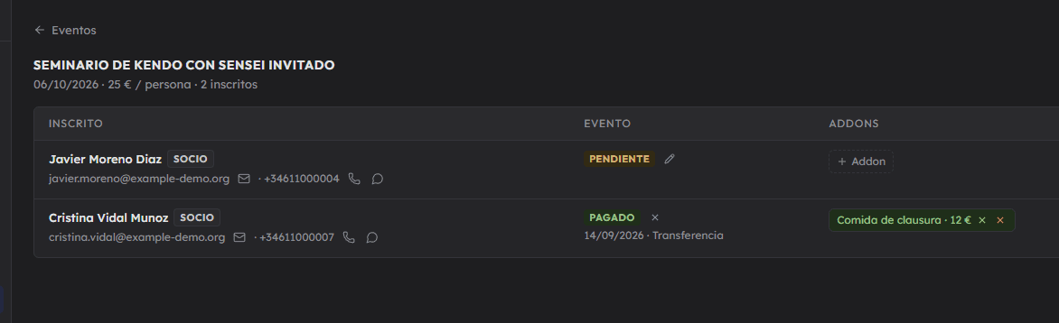 Seminario con addon de comida cobrado por separado